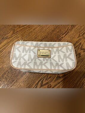 Michael Kors Cream and White Logo Zip Cosmetic Pouch
